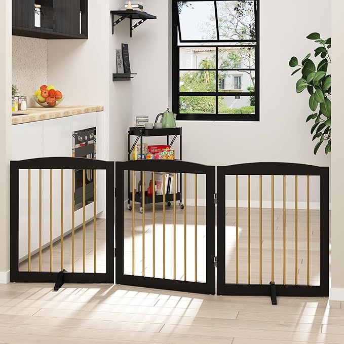 Freestanding Pet Gate for Dogs, Foldable Wooden Dog Gate for House, Indoor Dog Gate for Doorways, Stairs, Step Over Pet Puppy Safety Fence, Support Feet Included,24" Height 3 Panels,Black&amp;Gold
