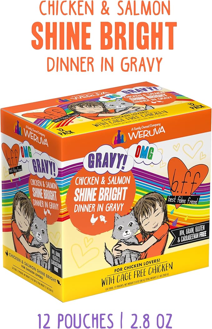 Weruva B.F.F. OMG - Best Feline Friend Oh My Gravy!, Chicken &amp; Salmon Shine Bright with Chicken &amp; Salmon in Gravy, 2.8oz Pouch (Pack of 12)