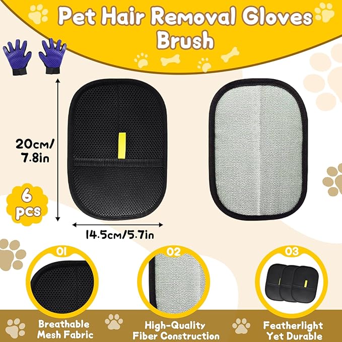 8 Pcs Pet Grooming Gloves for Shedding – 6x Reusable Cat &amp; Dog Hair Removal Gloves+ 1 Pair 2-in-1 Deshedding Brush &amp; Massage Mitt – Safe for Dogs &amp; Cats, Efficient (Blue)