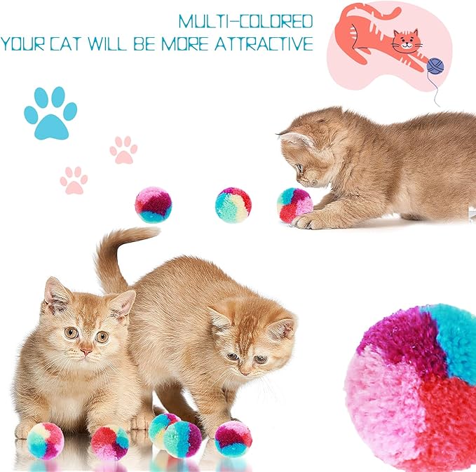 1.2 in Colorful Cat Pom Pom Ball Toys, 20 Pcs Rainbow Cat Toy Balls Soft Plush Cat Ball Interactive Training Ball for Indoor Cats &amp; Kittens