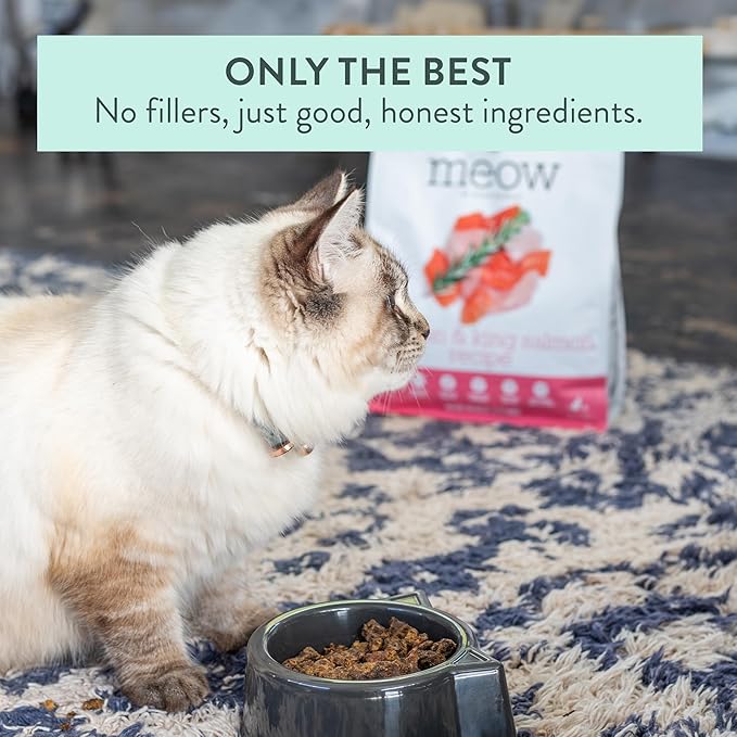 Meow e - Chicken &amp; King Salmon Recipe, Dry Cat Food Use as a Complete Diet, Topper, Mixer, or as Cat Training Treats, All Life Stages, 3.5 oz