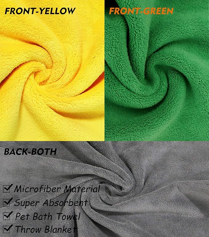 2 Pack Dog Towels Super Absorbent Pet Bath Towel Microfiber Dog Drying Towel for Small Dogs and Cats, Machine Washable, 11.8Inch x 23.6Inch, Yellow-Grey &amp; Green-Grey