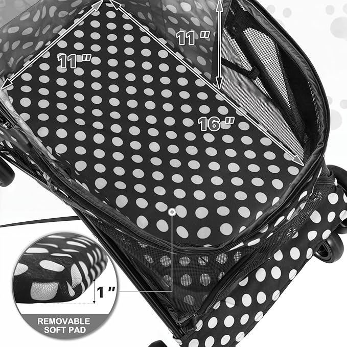 MoNiBloom 4 Wheels Pet Stroller, Easy-Fold Umbrella Shaped Dog Cat Jogger Stroller w/Storage Bag &amp; Visible Mesh for Small/Medium Dogs Cats Black Polka Dots