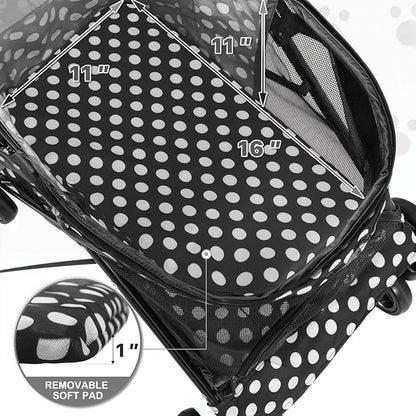 MoNiBloom 4 Wheels Pet Stroller, Easy-Fold Umbrella Shaped Dog Cat Jogger Stroller w/Storage Bag &amp; Visible Mesh for Small/Medium Dogs Cats Black Polka Dots