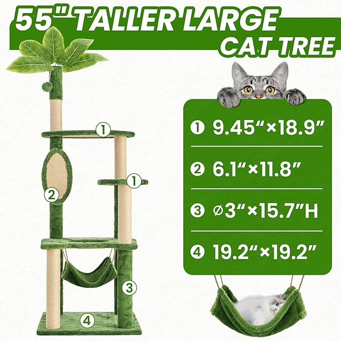 55 Inch Large Cat Tree Tower for Indoor Cats with Hammock Green Leaves Sisal Scratching Post, Plush Hang Ball Play Furniture for Kittens &amp; Adult Cats,New Green