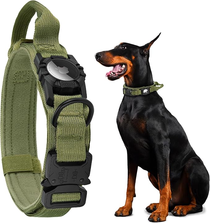 Tactical AirTag Dog Collar - Heavy Duty, Adjustable GPS Collar Compatible with Apple AirTag, with Holder &amp; Control Handle for Medium/Large Dogs [ Green, XL ]