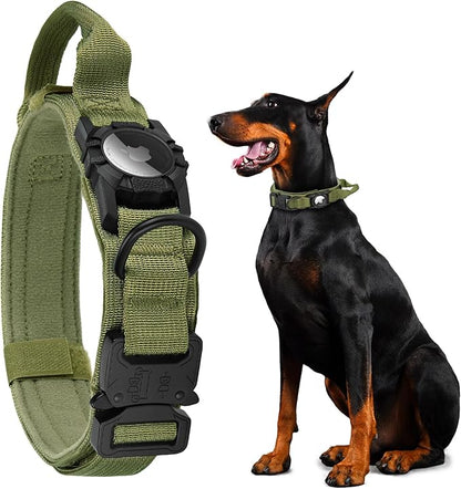 Tactical AirTag Dog Collar - Heavy Duty, Adjustable GPS Collar Compatible with Apple AirTag, with Holder &amp; Control Handle for Medium/Large Dogs [ Green, XL ]