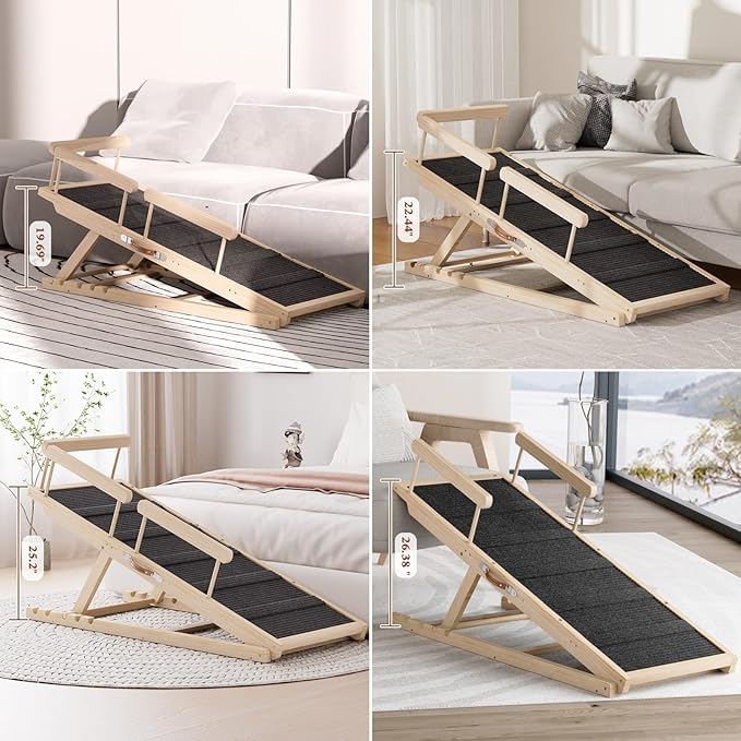 Dog Ramp for High Bed, Couch, Car, Pet Ramps 55.12" Long Adjustable 19.7"-27.6" Wooden Dog Step with High Traction Mat &amp; Safety Side Rails for Small Medium Large Older Pets, up to 250 lbs