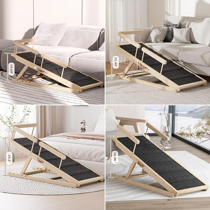 Dog Ramp for High Bed, Couch, Car, Pet Ramps 55.12" Long Adjustable 19.7"-27.6" Wooden Dog Step with High Traction Mat &amp; Safety Side Rails for Small Medium Large Older Pets, up to 250 lbs