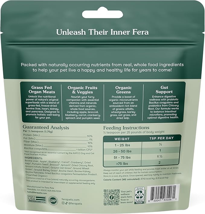 Fera Pets Whole Food Multivitamin Cat &amp; Dog Food Topper with Probiotics, Antioxidants, &amp; Essential Dog Vitamins &amp; Minerals - Nutrients from Fruits, Vegetables, &amp; Organ Meats - 3.7 oz