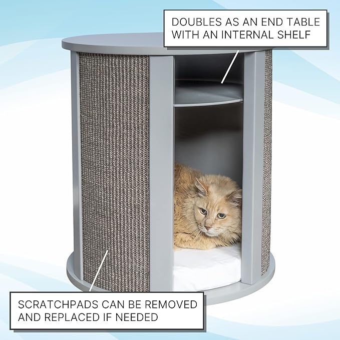 THE REFINED FELINE Purrrrfect End Table Cat Bed Cave in Smoke Gray, Multipurpose Wood Cat Furniture Nightstand, Easy to Clean Covered Cat Bed with Replaceable Scratching Post &amp; Washable Cushion