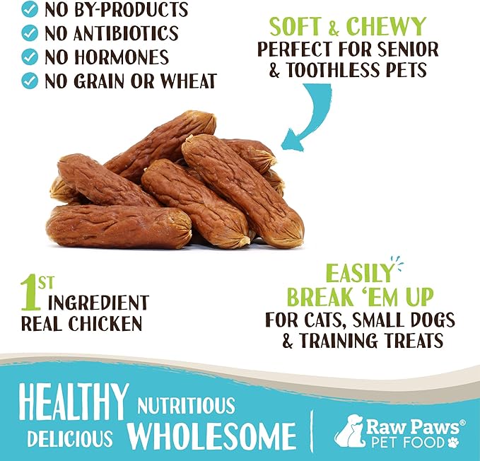 Raw Paws Grain-Free Soft Sausage Treats for Dogs &amp; Cats - Chicken Recipe, 6-oz - USA Chicken Sausage Dog Treats - Soft Treats for Dogs &amp; Cats - Dog Sausage Treats