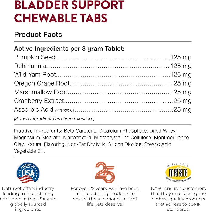 NaturVet – Bladder Support for Dogs – Plus Cranberry | Supports Healthy Bladder Control &amp; Normal Urination | 60 Time Release Chewable Tablets