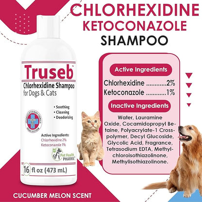 Truseb Topical Ketoconazole and Chlorhexidine Shampoo for Dogs, Cats &amp; Horses with Aloe Vera and Conditioner(USA) (Ketoconazole &amp; Chlorhexidine Shampoo, 16 oz)