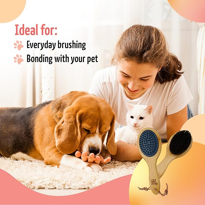 The Buddy System Combo Bristle Pet Brush, 2-in-1 Brush, Durable Rubber Side and Soft Boar Bristle Side - All Pets and Coat Lengths - Top Coat Massage for Cats &amp; Dogs - 1 Pack