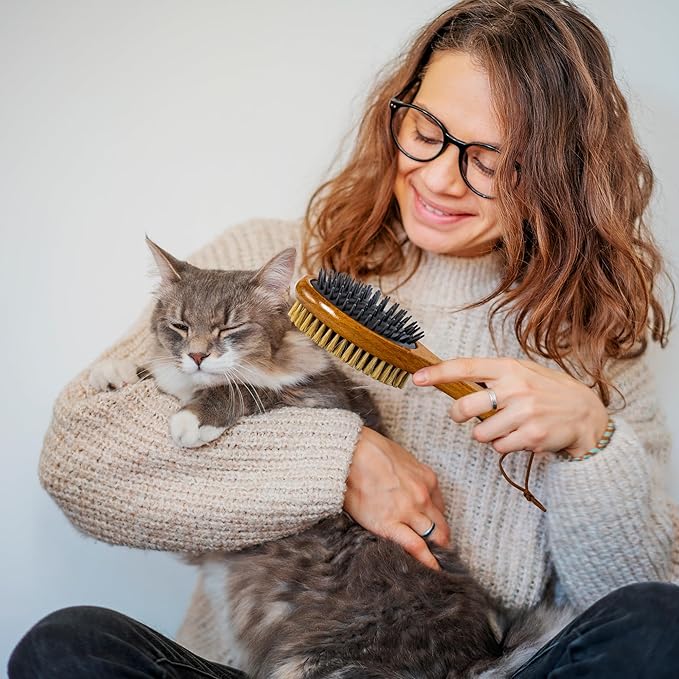 TAKAVU Short Hair Dog &amp; Cat Deshedding Brush - Double Sided Grooming Tool with Silicone Massage &amp; Bristle Sides - Removes Loose Fur &amp; Dirt - Wood Handle