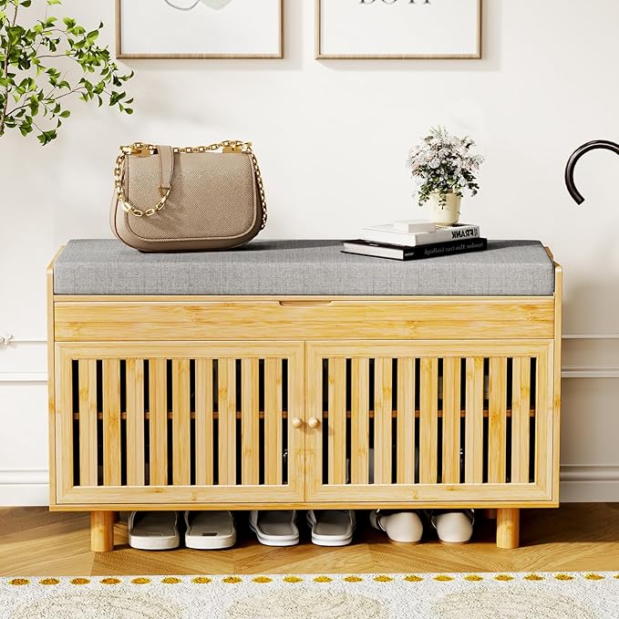 Shoe Storage Bench, Bamboo Entryway Bench with 2 Doors &amp; Padded Seat Cushion, 35.4" W x 12.6" D x 19.7" H, 2-Tier Shoe Rack with Lift Top Hidden Storage, for Entryway, Living Room, Bedroom, Natural