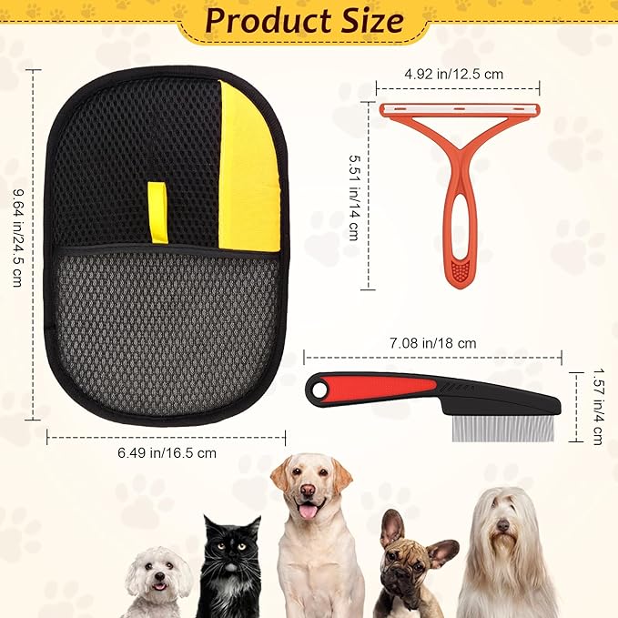 3 Pcs Pet Hair Removal Glove Set, Reusable Electrostatic Pet Hair Remover with Hair Remover Brush and Pet Comb, Upgrade Efficient Cats&amp;Dogs Grooming Gloves for Clothes Furniture Carpet Seat