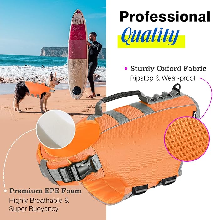 Pawaboo Dog Life Jacket, Reflective Dog Safety Vest Adjustable Pet Life Preserver with Strong Buoyancy &amp; Sturdy Rescue Handle, Ripstop Dog Lifesaver Vests for Swimming, Boating, L, Orange