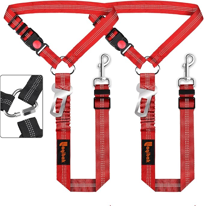 Removable Dog Seat Belt Harness for Car, 3 in 1 Pet Dog Car Seatbelt Leash, Retractable Restraint Secures to Vehicle Headrest &amp; Adjustable Reflective Bungee Dog Seatbelt Tether, Red