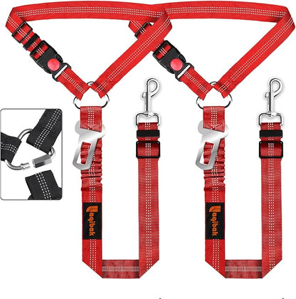 Removable Dog Seat Belt Harness for Car, 3 in 1 Pet Dog Car Seatbelt Leash, Retractable Restraint Secures to Vehicle Headrest &amp; Adjustable Reflective Bungee Dog Seatbelt Tether, Red