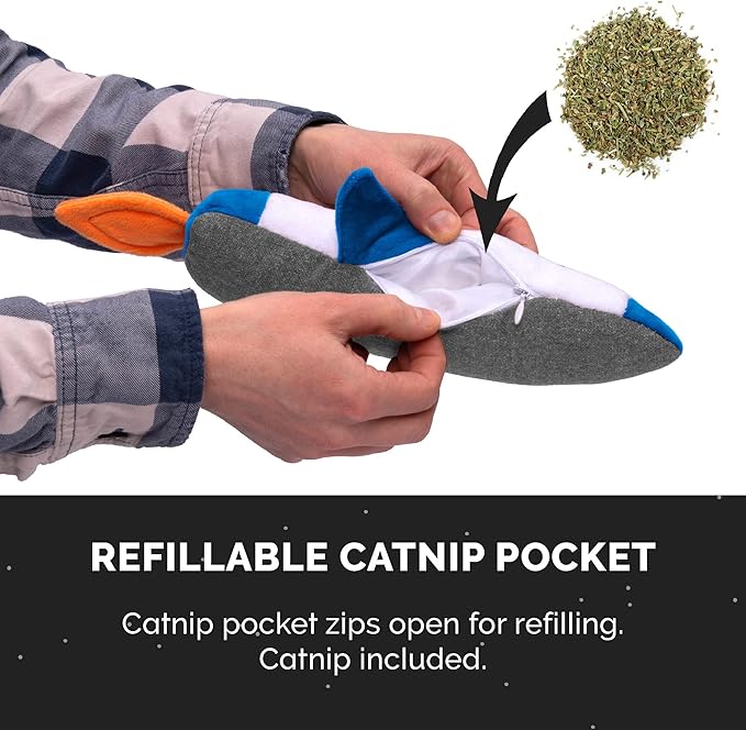 Furhaven Plush Cat Toy w/ Catnip for Indoor Cats, Washable &amp; Durable w/ Refillable Catnip Pocket - Rocket Kicker Plush Toy - White/Blue, One Size