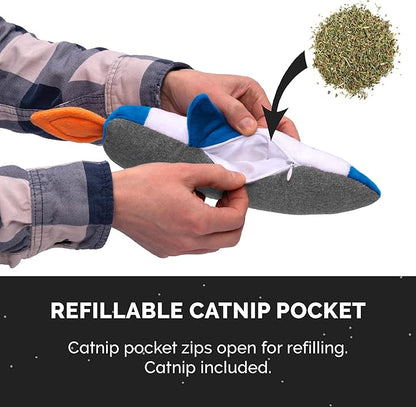 Furhaven Plush Cat Toy w/ Catnip for Indoor Cats, Washable &amp; Durable w/ Refillable Catnip Pocket - Rocket Kicker Plush Toy - White/Blue, One Size