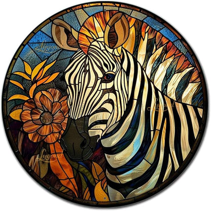 Lygond Metal Sign Tin Sign Circular Stained Glass Zebra Home Decor for Bar 12×12 Inches