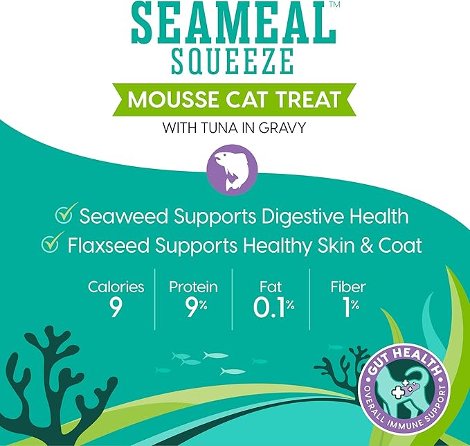 SeaMeal Squeeze Tuna Lickable Cat Treats with Seaweed for Skin &amp; Coat - Wet Cat Treats with Digestive &amp; Immune Health Support - Natural, Holistic, Grain Free (48 Squeezes)