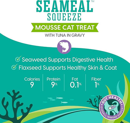 SeaMeal Squeeze Tuna Lickable Cat Treats with Seaweed for Skin &amp; Coat - Wet Cat Treats with Digestive &amp; Immune Health Support - Natural, Holistic, Grain Free (48 Squeezes)