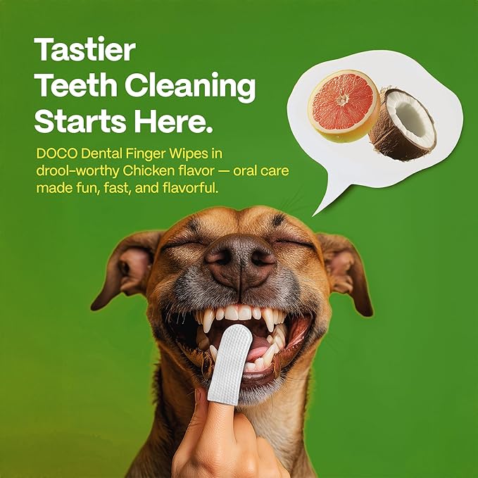 DOCO Dog Teeth Cleaning Wipes Dental Finger Wipes for Cats &amp; Dogs Remove Plaque &amp; Tartar, Freshen Breath, No Rinse, Easy Pet Tooth Cleaning Kit for Oral Care, Coconut &amp; Grapefruit Flavor, 50 Count