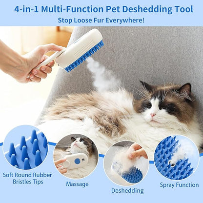 Cat Steam Brush for Shedding,4 in 1 Grooming Brush for Cats and Dogs,Deshedding,Massage,Cleaning &amp; Anti-Static All In One,Suitable for Long &amp; Short Haired Pets,Includes Waterless Shampoo,Blue
