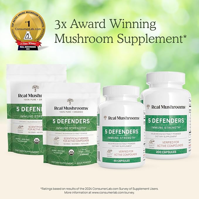Real Mushrooms 5 Defenders Mushroom Complex – Organic Adaptogenic Mushroom Blend with Chaga, Reishi, Turkey Tail, Maitake &amp; Shiitake for Wellness Support - Mushroom Beta Glucan Capsules - 200 Count