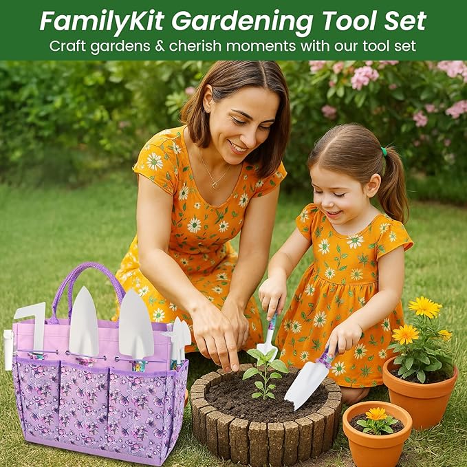 Gardening Tool Set 10-Piece, Heavy Duty Garden Tool Set with Purple Floral Tote Bag and Gift Box, Gardening Tools Kit with Ergonomic Non-Slip Handle, Ideal Gardening Gifts for Women Mom
