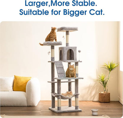 MWPO 70.1-Inch Large Cat Tree, Multi-Level Tall Cat Tower for Indoor Cats, Plush Cat Condo with Big Padded Perches, Sisal-Covered Scratching Posts, Hammock, Toys for Kittens &amp; Cats - Light Grey