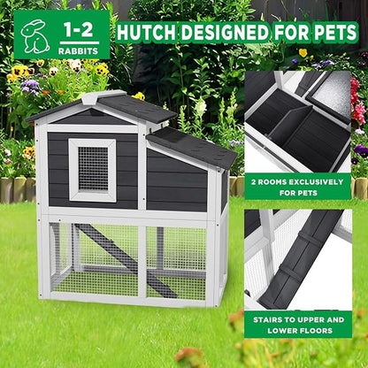 2 Story Rabbit Cage, Weatherproof Rabbit Hutch Indoor &amp; Outdoor, Wooden Guinea Pig Cages with Removable Tray Openable Roof for Small to Medium Animals