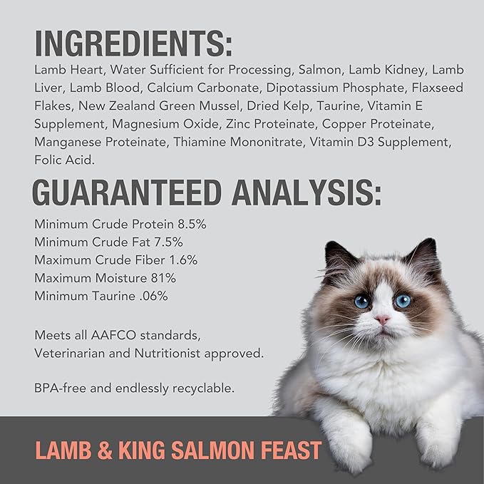Feline Natural New Zealand Canned Catfood Wet Food, High-Meat, Low-Carb, &amp; Grain Free Cat Food Wet, Lamb &amp; Salmon Feast, 6 oz, Pack of 12