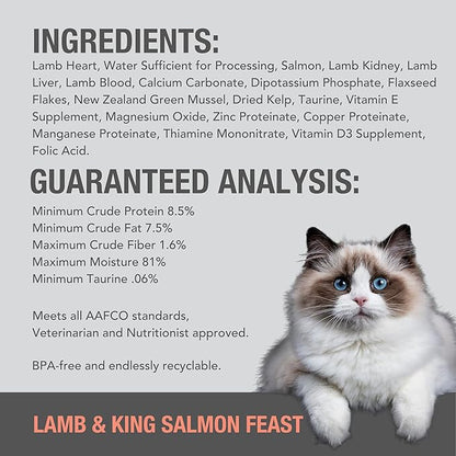 Feline Natural New Zealand Canned Catfood Wet Food, High-Meat, Low-Carb, &amp; Grain Free Cat Food Wet, Lamb &amp; Salmon Feast, 6 oz, Pack of 12