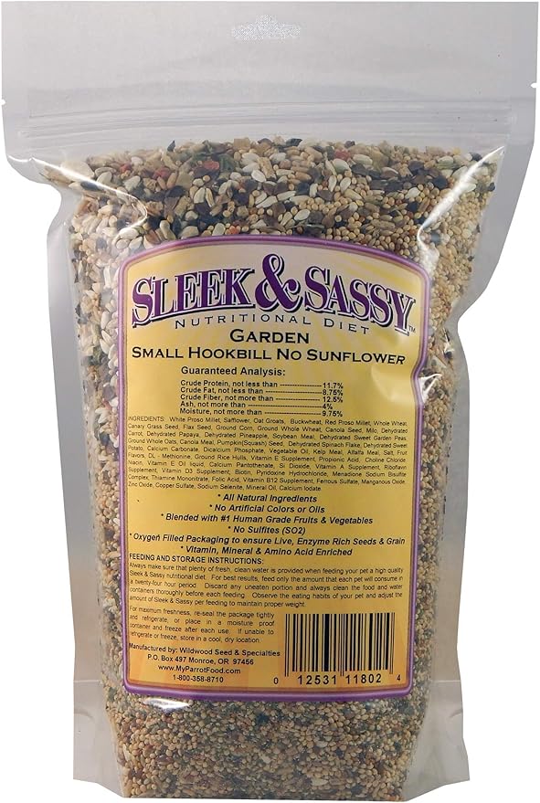 SLEEK &amp; SASSY Garden Small Hookbill No Sunflower Bird Food for Lovebirds, Cockatiels, Quaker Parrots &amp; Small Conures (2 lbs.)