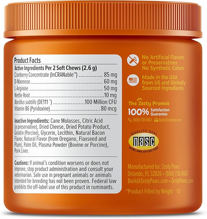 Zesty Paws Cranberry Urinary Tract Bites for Cats - Kidney &amp; Urinary Tract Health - Soft Chews with D-Mannose, Vitamin B6 &amp; L-Arginine - Immune &amp; Gut Support - Bacon - 60 Count