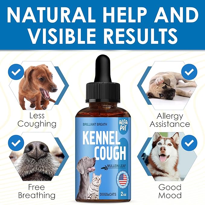 Dog Cough Treatment Liquid • Kennel Cough for Dogs &amp; Cats • for Breathing During All Life Cycle • Marshmallow Root + Mullein Leaf in The Composition • Natural Supplement for All Breeds • 2 Oz