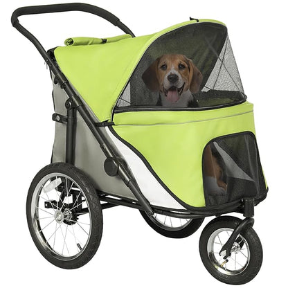 PawHut Dog Stroller, Pet Stroller 3 Wheels with Easy One-Hand Fold, Rubber Wheels, Storage Bag, Soft Cushion, Safety Leash, for Small &amp; Medium Dogs, Yellowish Green