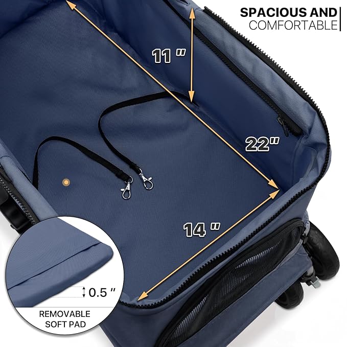 MoNiBloom 3 in 1 Foldable Pet Stroller for Small &amp; Medium Dogs, Detachable Carrier, Car Seat, Push Button Entry, 4-Wheel Jogger for Pets up to 33 lbs, Navy Blue