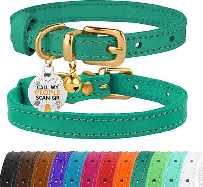 BRONZEDOG Leather Cat Collar with Removable Bells Non Breakaway Kitten QR Tag for Girl Boy (7" - 9" for Cats, Green &amp; Gold)