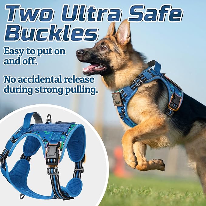 rabbitgoo Tactical Dog Harness Medium Sized Dog, No Pull Military Service Vest with Handle &amp; Molle, Easy Control for Training Walking, Adjustable Reflective Straps, Blue Camo, M