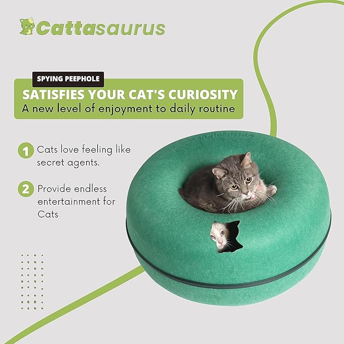 CATTASAURUS Peekaboo Cat Cave for Multiple &amp; Large Cats Up to 30-45 Lbs, Scratch Detachable &amp; Washable Tunnel Bed, Comfy Donut Cat Cave (Forest Green, Large)