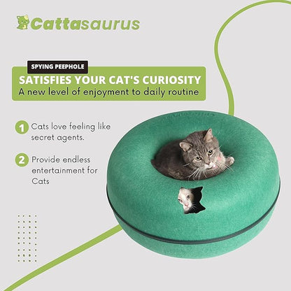 CATTASAURUS Peekaboo Cat Cave for Multiple &amp; Large Cats Up to 30-45 Lbs, Scratch Detachable &amp; Washable Tunnel Bed, Comfy Donut Cat Cave (Forest Green, Large)