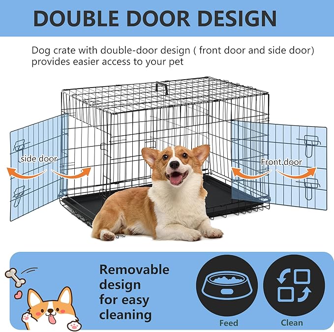 FDW 30 inch Dog Crate Dog Kennel Cage with Double Door Folding Metal Wire Dog Cage with Removable Tray&amp;Divider Panel,Pet Crate for Medium Dogs,Black