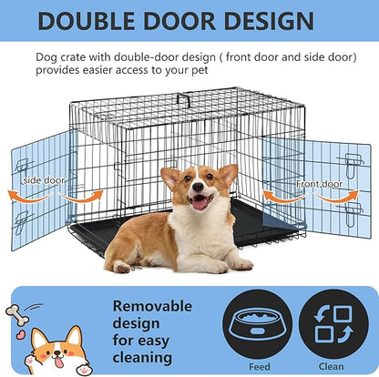 FDW 30 inch Dog Crate Dog Kennel Cage with Double Door Folding Metal Wire Dog Cage with Removable Tray&amp;Divider Panel,Pet Crate for Medium Dogs,Black