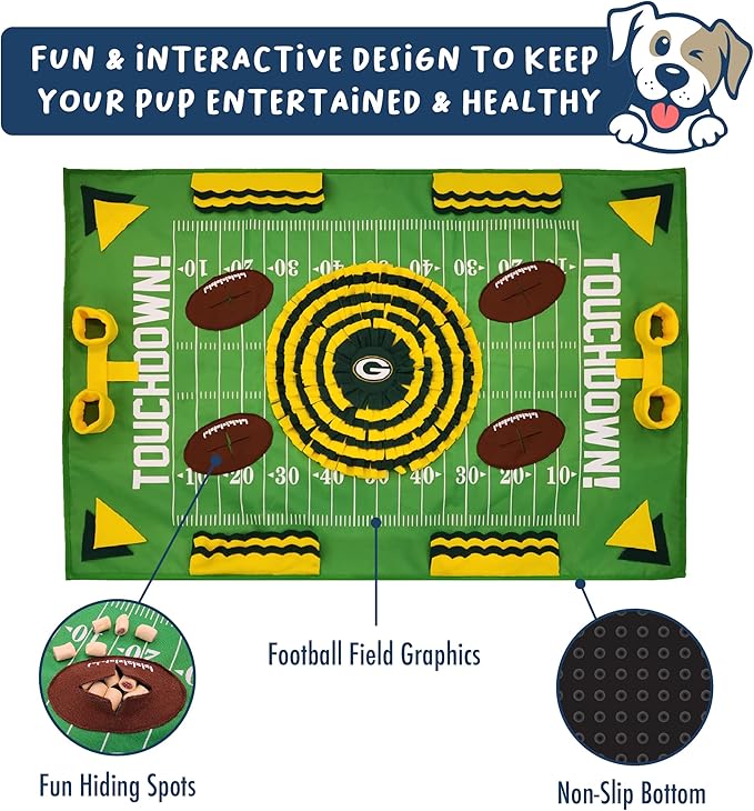 NFL Green Bay Packers Dog Snuffle Mat – Interactive Pet Slow Feeder, Football Field Design Food Puzzle Toy for Dogs &amp; Cats, Foraging Activity Mat for Smarter Feeding